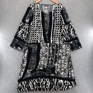 Haani Dress Womens 2X Petite Black Shift Tunic Travel Knit Cut Out Long Sleeves